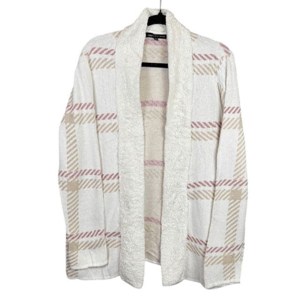 Adrienne Vittadini Plaid Open Front Cardigan Cream Tan Rose Plush Collar Size XL